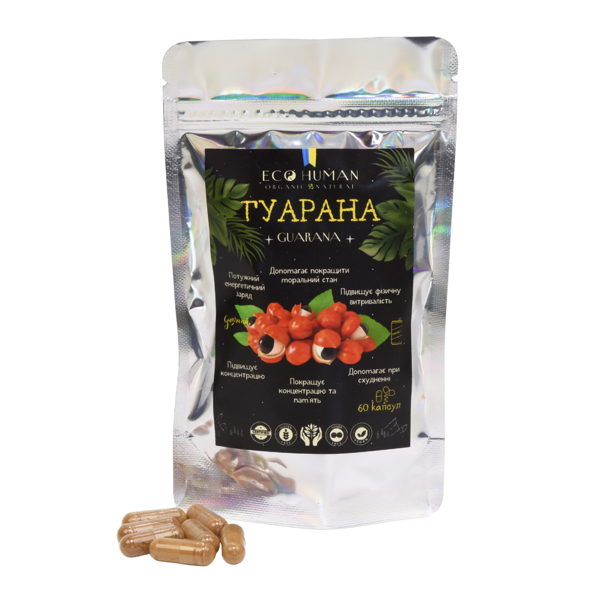 Guarana, Guarana, EcoHuman, 500 mg, 60 capsules