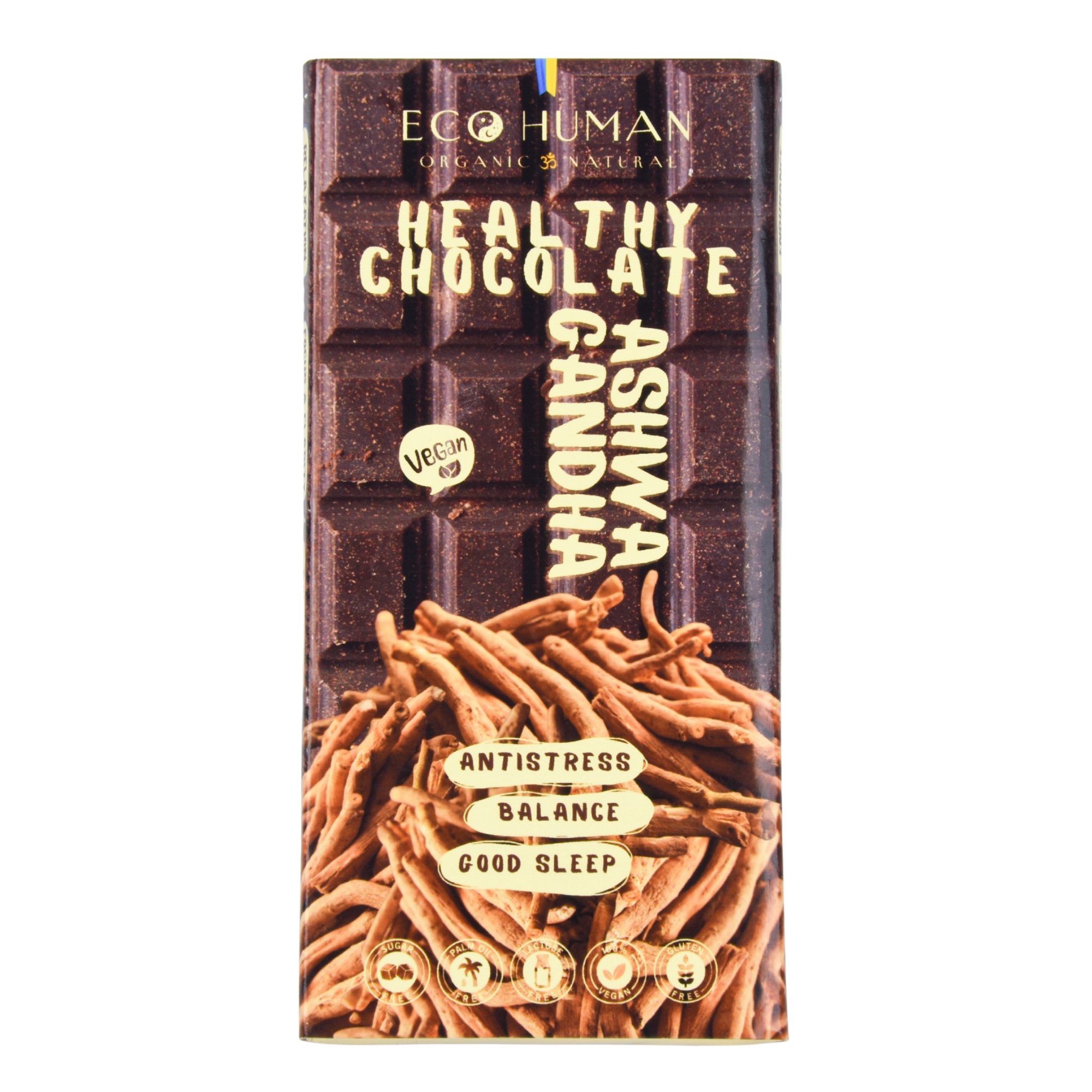 Chocolate bar with Ashwagandha, Chocolate with Ashwagandha, EcoHuman, 15 squares