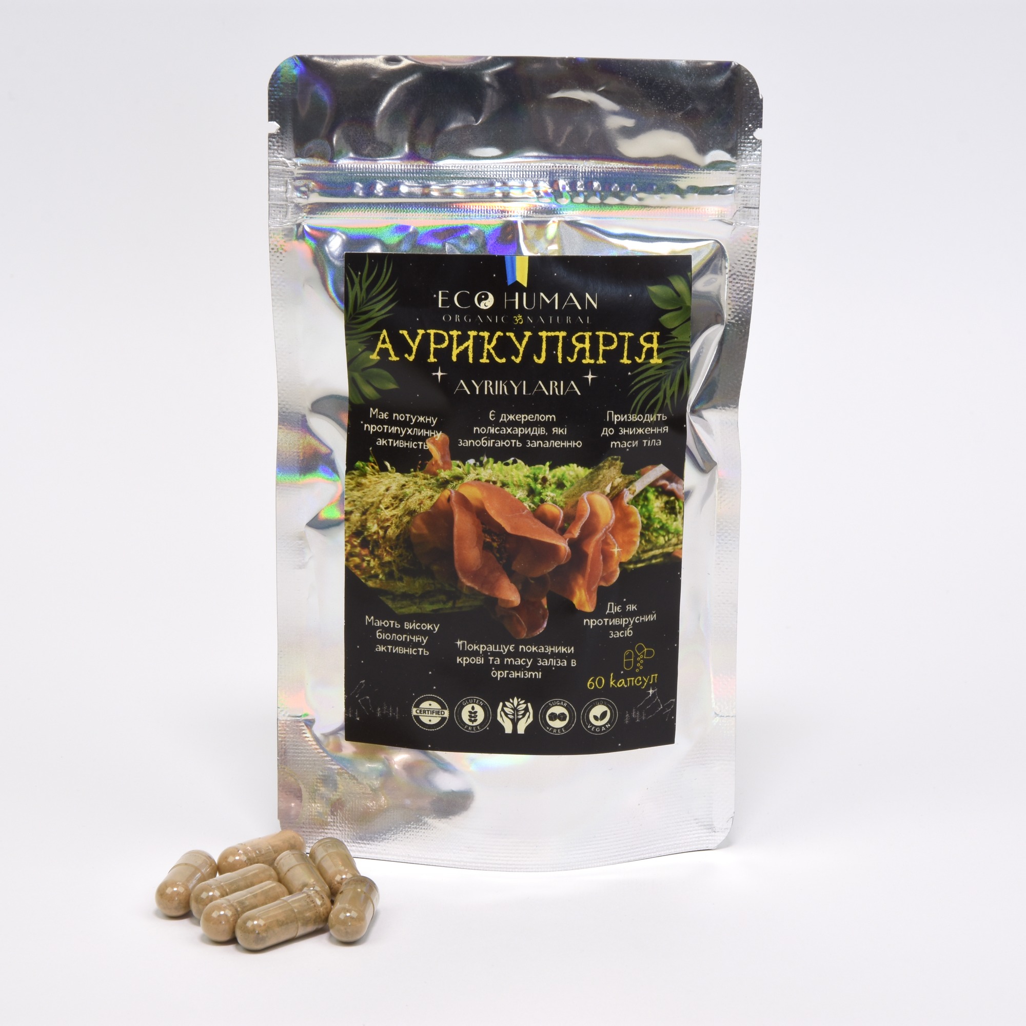 Auricularia, Auricularia, EcoHuman, 500 mg, 60 capsules