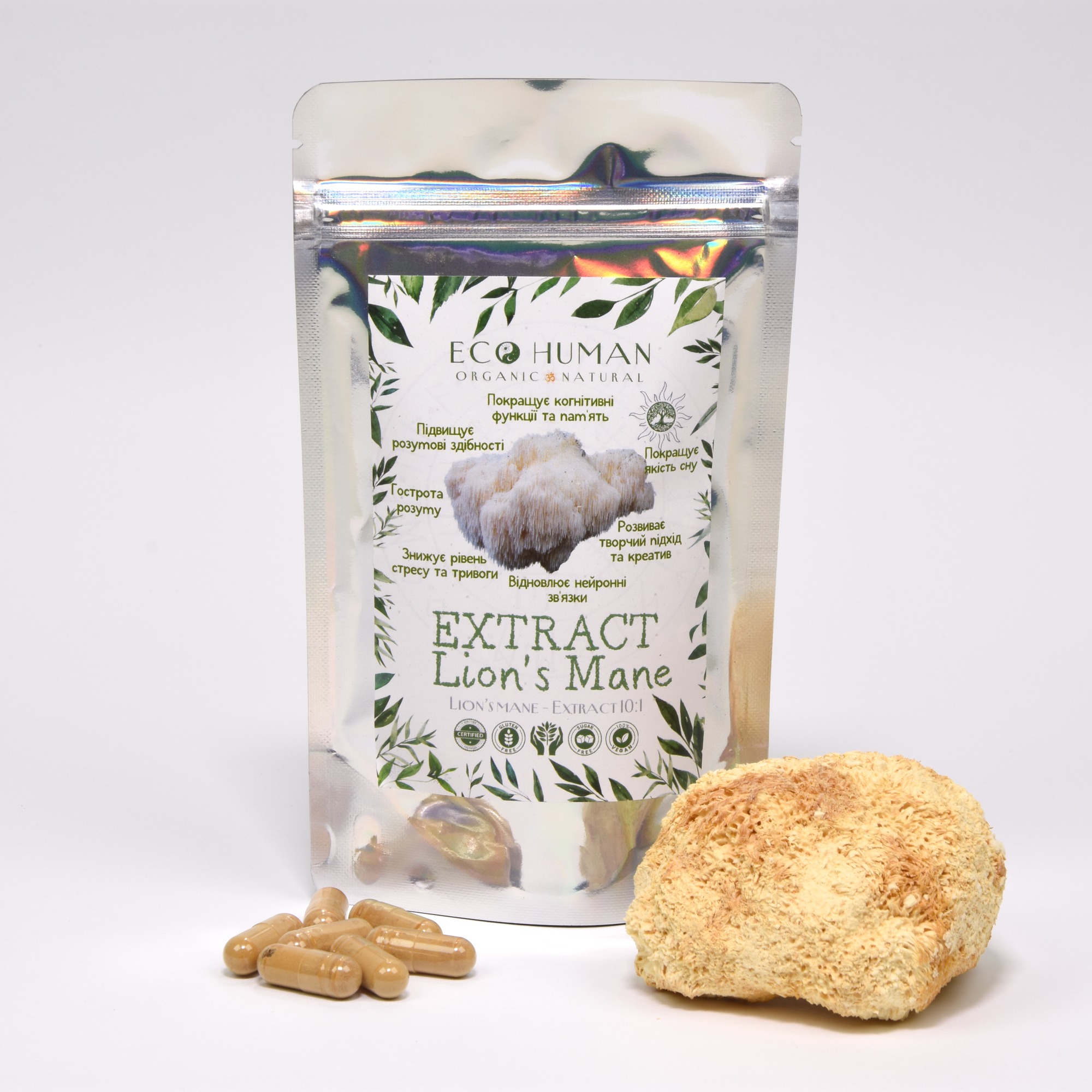 Hericium Erinaceus Extract 10:1, Lion's Mane Extract 10:1, EcoHuman, 500 mg, 60 capsules