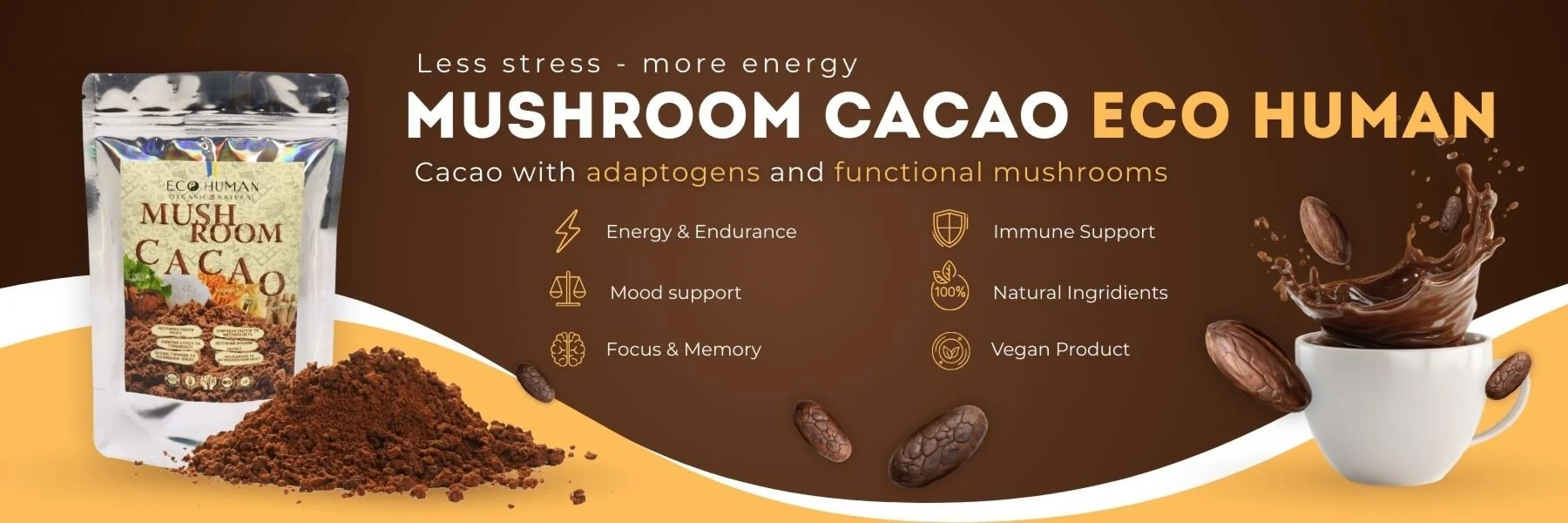 Eco Human mushroom cacao with adaptogens and functional mushrooms - less stress, more energy, mood, focus, memory and immune support, natural vegan product